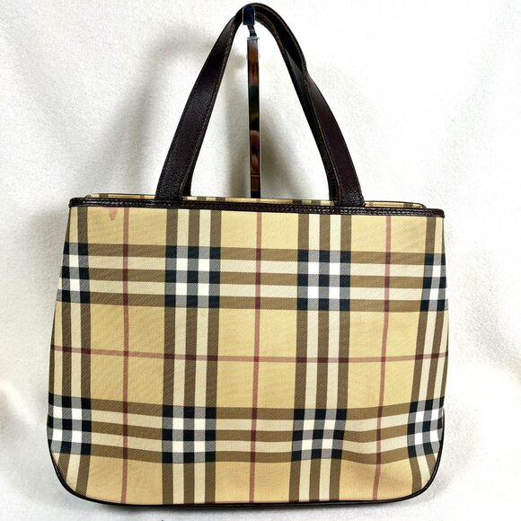 BURBERRY Checker Medium Tote Bag Beige/Brown Inside zipper pocket Purse PVC - Picture 2 of 16